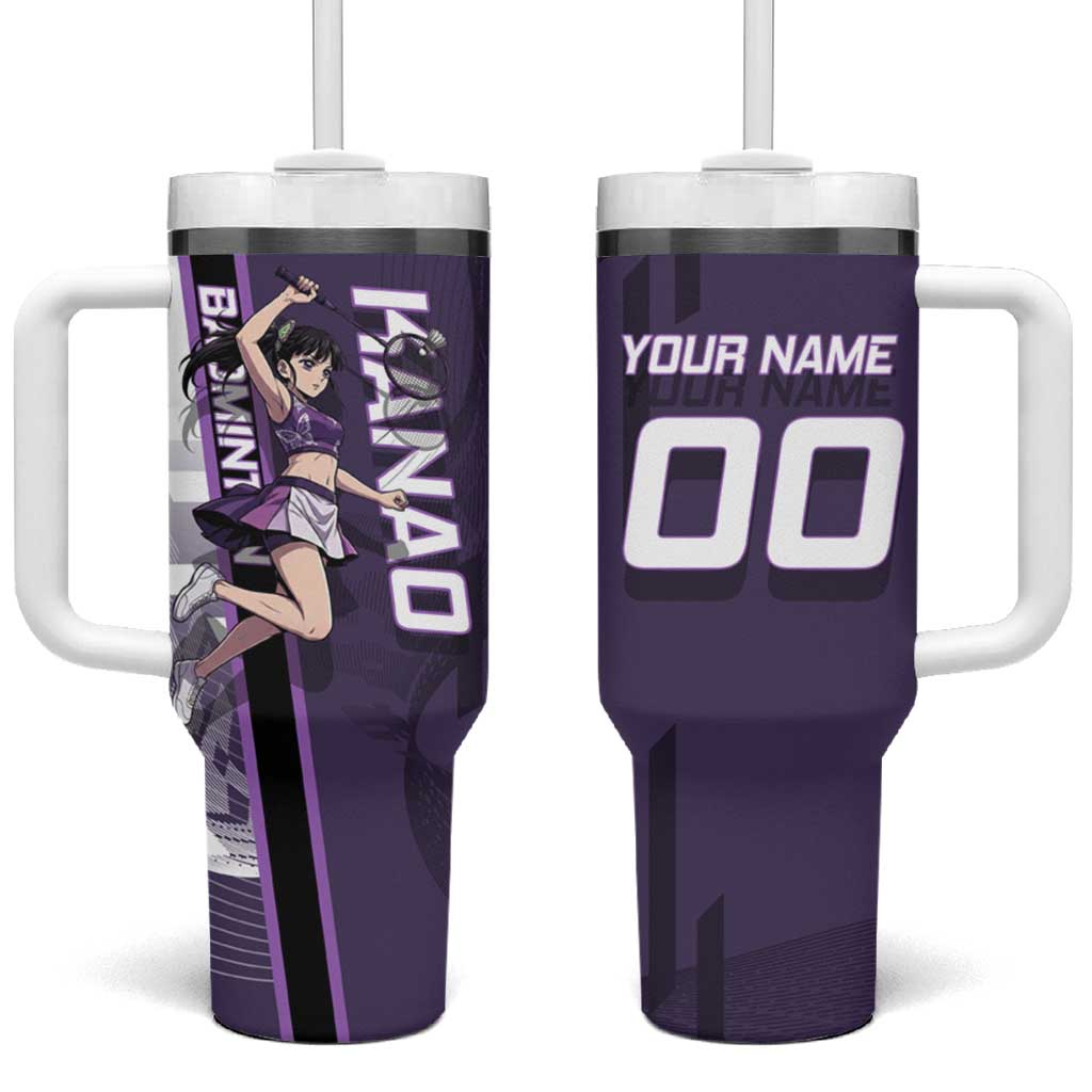 Personalized Shinazugawa Genya Demon Slayer Badminton Tumbler With Handle with Racket Action Pose and Purple White Graphic Design - The Mazicc