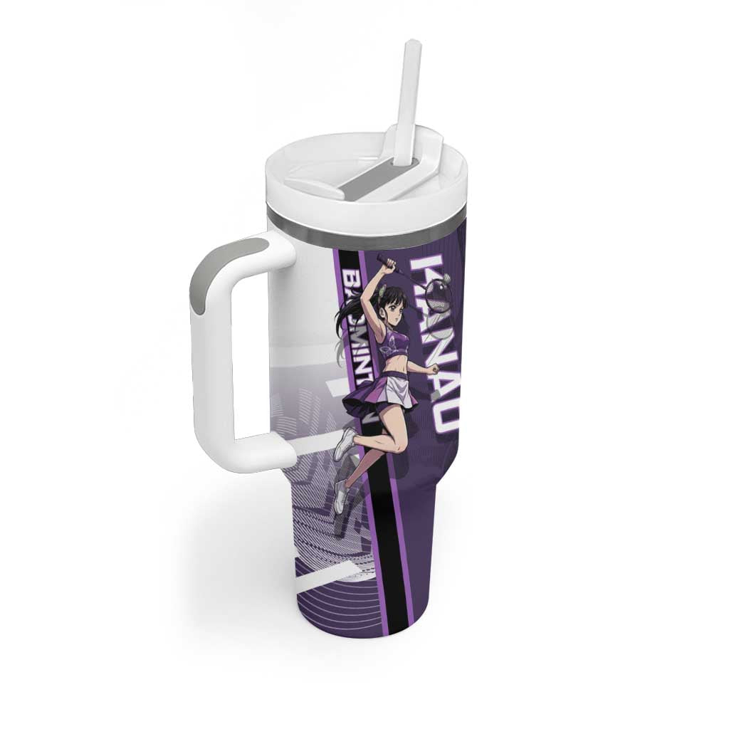 Personalized Shinazugawa Genya Demon Slayer Badminton Tumbler With Handle with Racket Action Pose and Purple White Graphic Design - The Mazicc