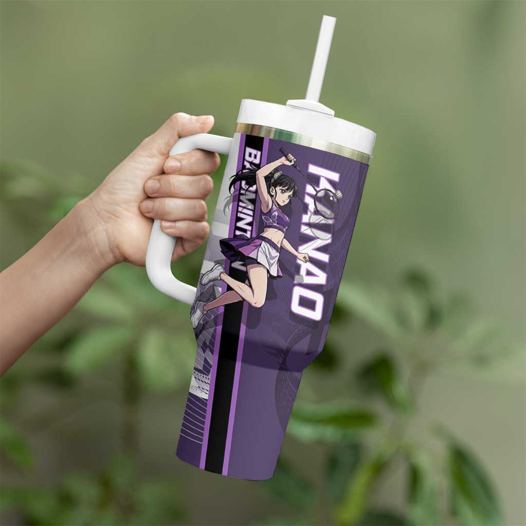 Personalized Shinazugawa Genya Demon Slayer Badminton Tumbler With Handle with Racket Action Pose and Purple White Graphic Design - The Mazicc