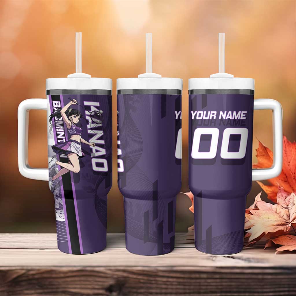 Personalized Shinazugawa Genya Demon Slayer Badminton Tumbler With Handle with Racket Action Pose and Purple White Graphic Design - The Mazicc