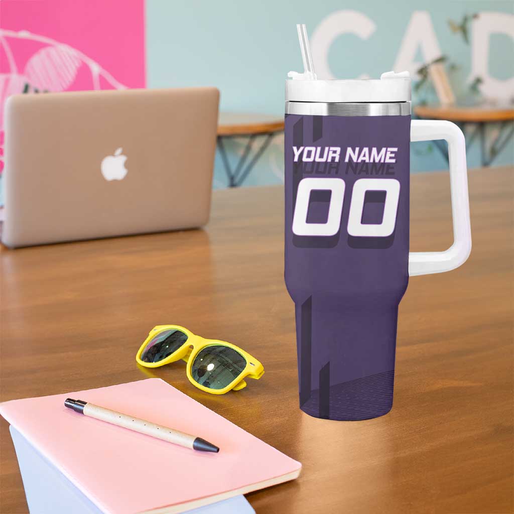 Personalized Shinazugawa Genya Demon Slayer Badminton Tumbler With Handle with Racket Action Pose and Purple White Graphic Design - The Mazicc
