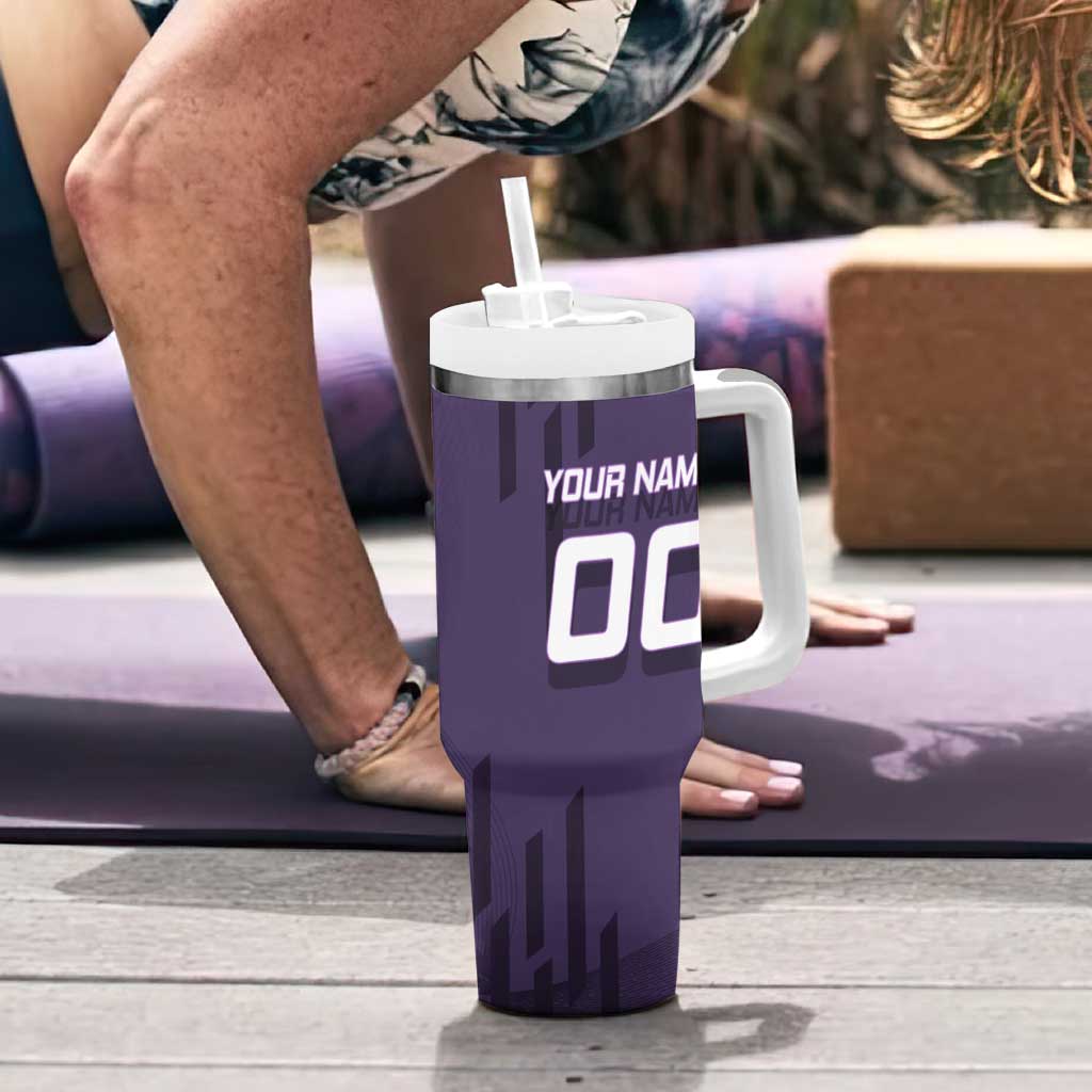 Personalized Shinazugawa Genya Demon Slayer Badminton Tumbler With Handle with Racket Action Pose and Purple White Graphic Design - The Mazicc