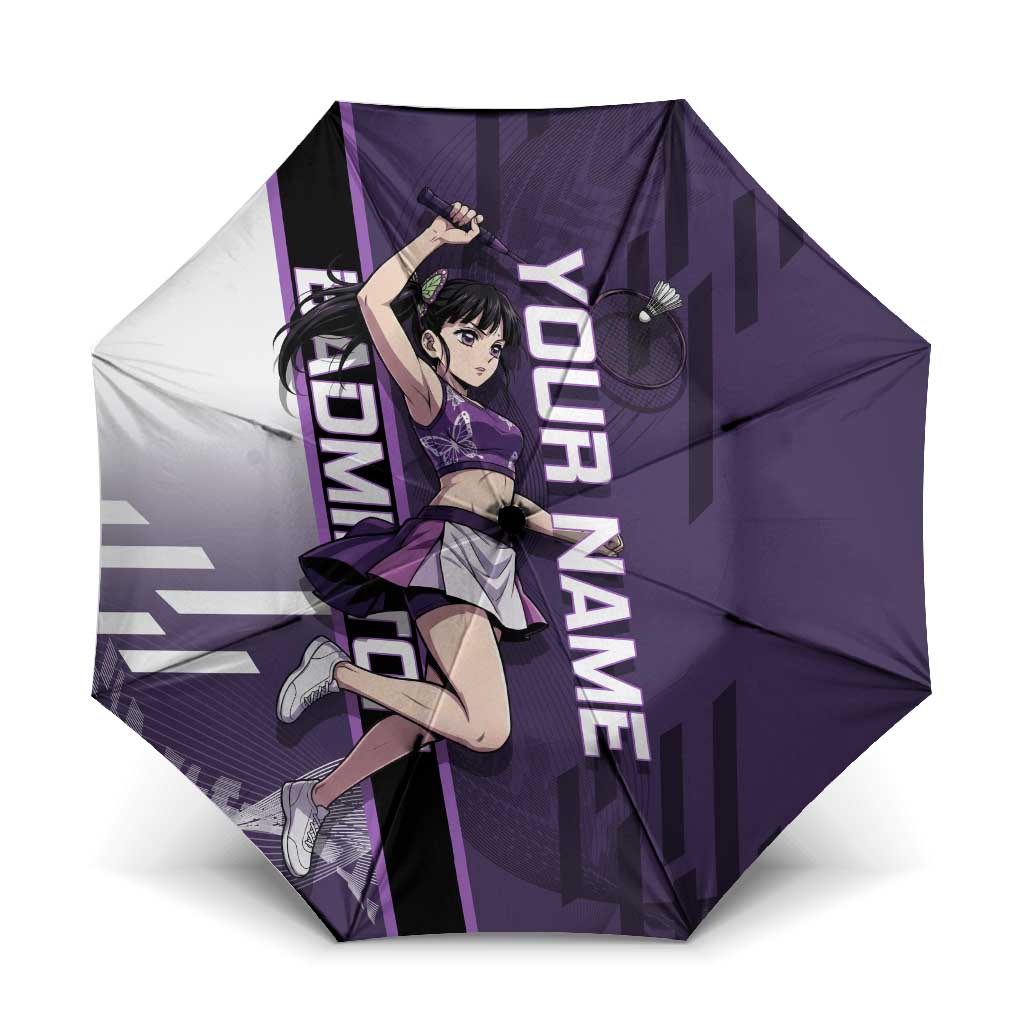 Personalized Shinazugawa Genya Demon Slayer Badminton Umbrella with Racket Action Pose and Purple White Graphic Design - The Mazicc