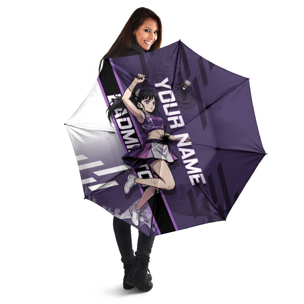Personalized Shinazugawa Genya Demon Slayer Badminton Umbrella with Racket Action Pose and Purple White Graphic Design - The Mazicc