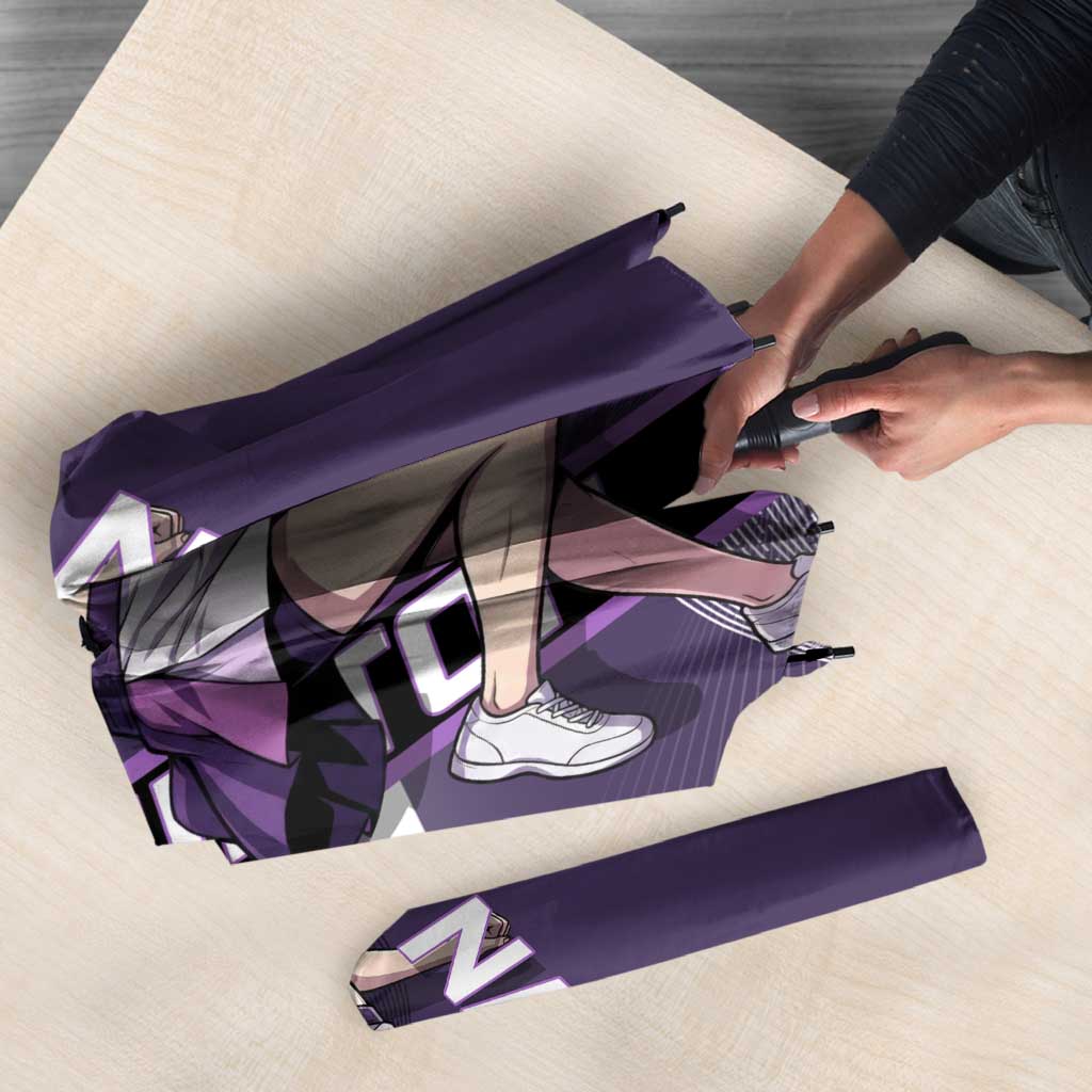 Personalized Shinazugawa Genya Demon Slayer Badminton Umbrella with Racket Action Pose and Purple White Graphic Design - The Mazicc