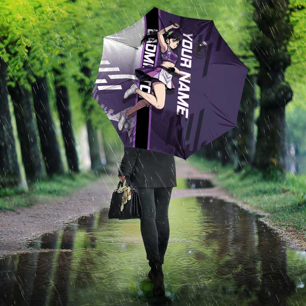 Personalized Shinazugawa Genya Demon Slayer Badminton Umbrella with Racket Action Pose and Purple White Graphic Design - The Mazicc
