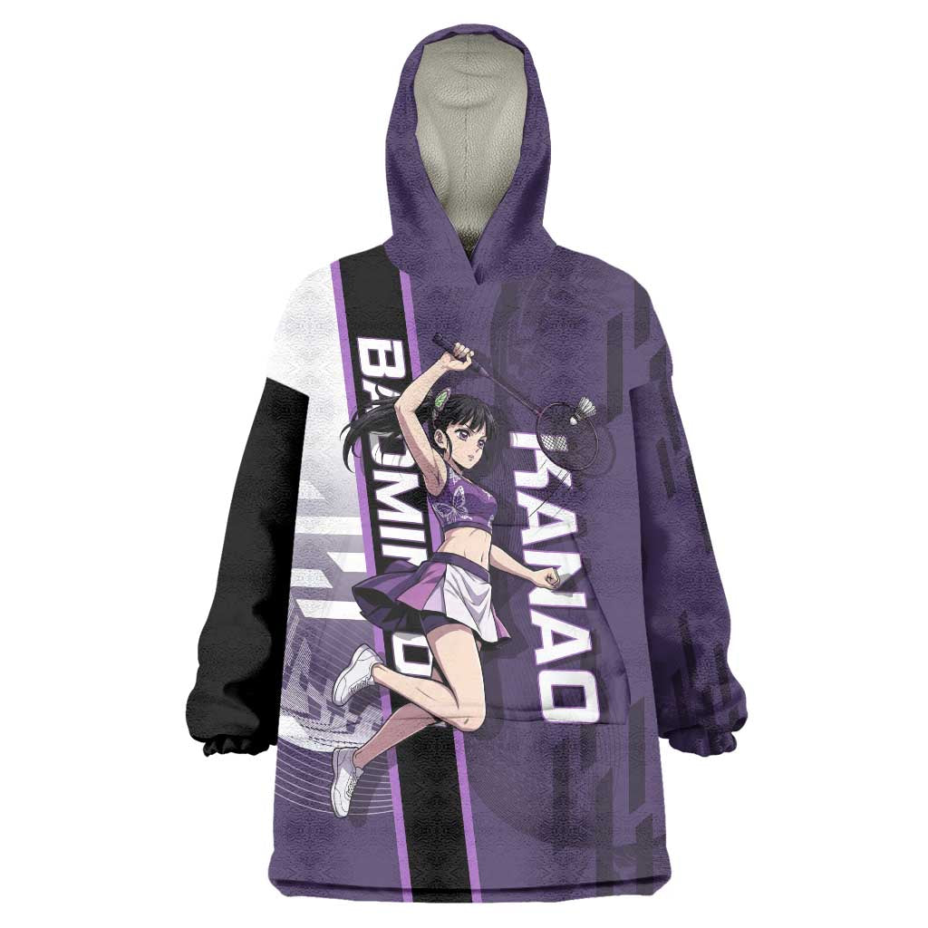 Personalized Shinazugawa Genya Demon Slayer Badminton Wearable Blanket Hoodie with Racket Action Pose and Purple White Graphic Design - The Mazicc