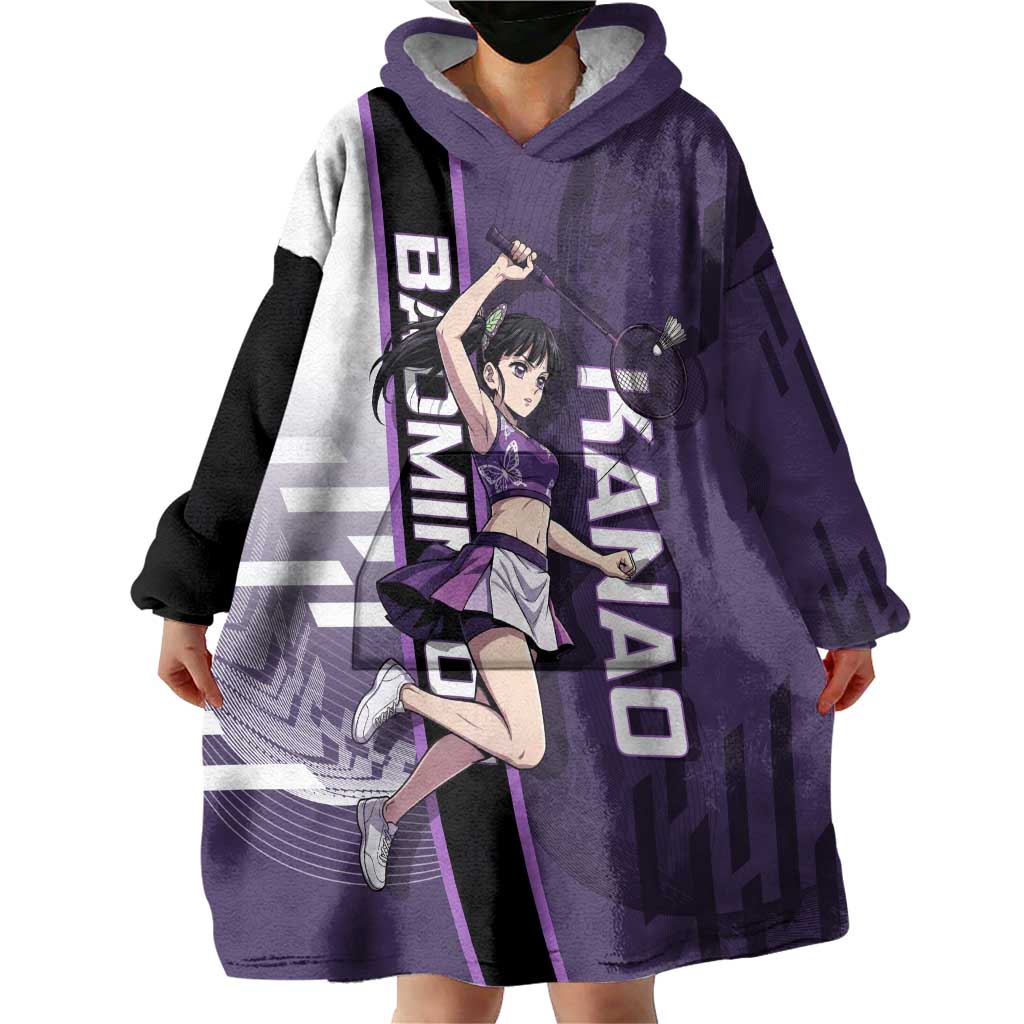 Personalized Shinazugawa Genya Demon Slayer Badminton Wearable Blanket Hoodie with Racket Action Pose and Purple White Graphic Design - The Mazicc