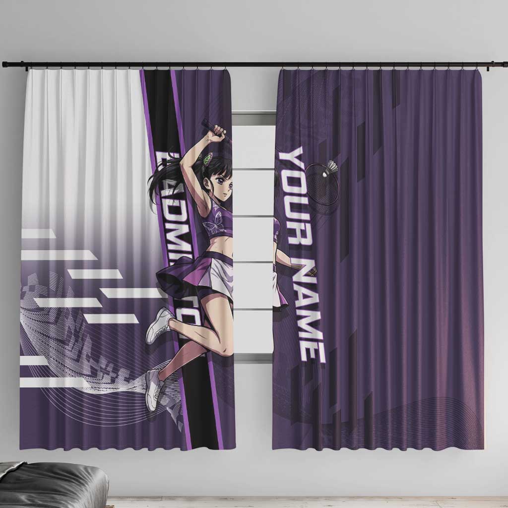 Personalized Shinazugawa Genya Demon Slayer Badminton Window Curtain with Racket Action Pose and Purple White Graphic Design - The Mazicc