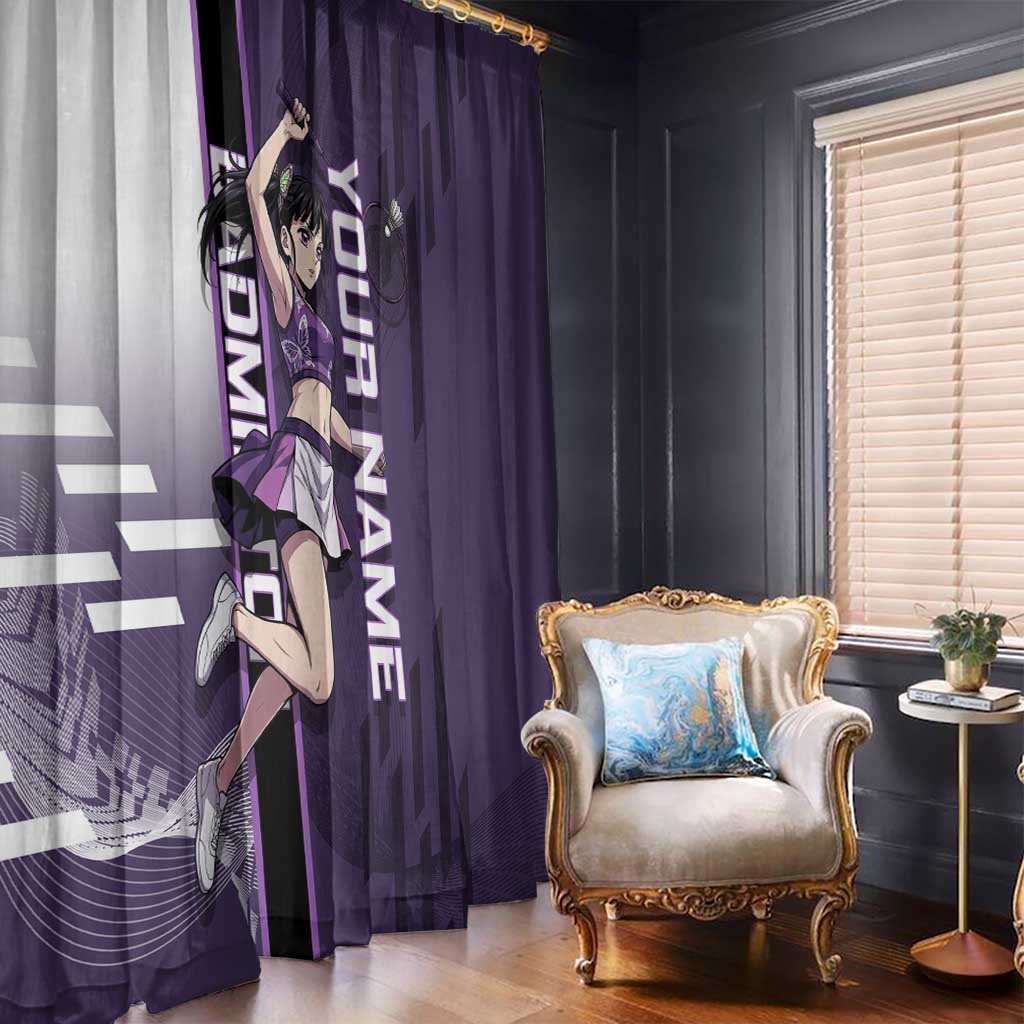 Personalized Shinazugawa Genya Demon Slayer Badminton Window Curtain with Racket Action Pose and Purple White Graphic Design - The Mazicc