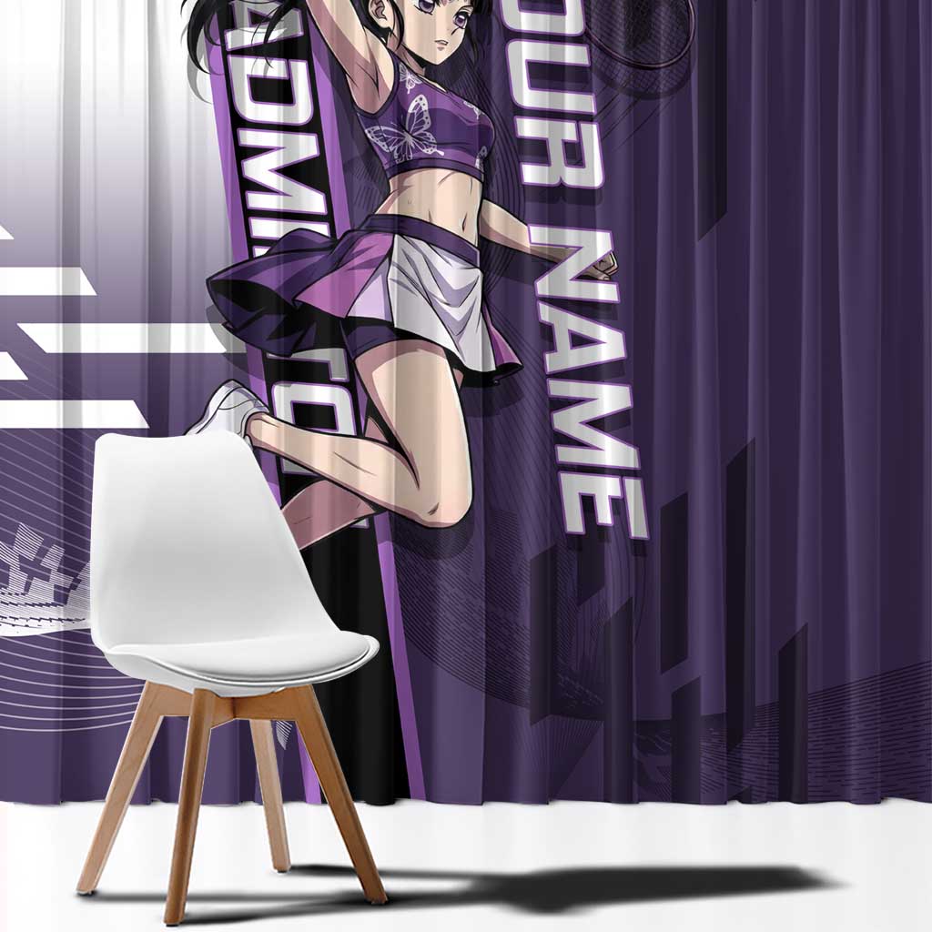Personalized Shinazugawa Genya Demon Slayer Badminton Window Curtain with Racket Action Pose and Purple White Graphic Design - The Mazicc