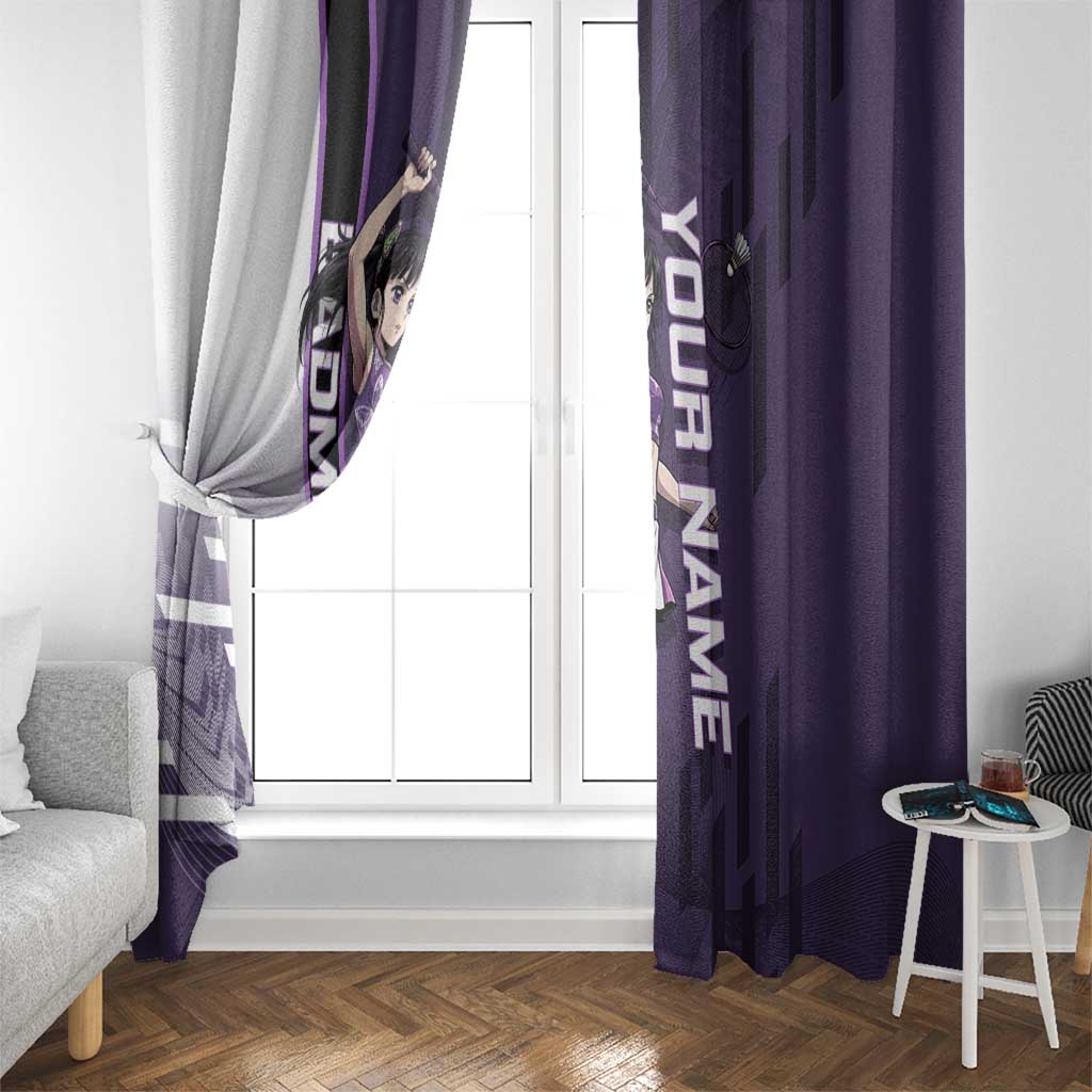 Personalized Shinazugawa Genya Demon Slayer Badminton Window Curtain with Racket Action Pose and Purple White Graphic Design - The Mazicc