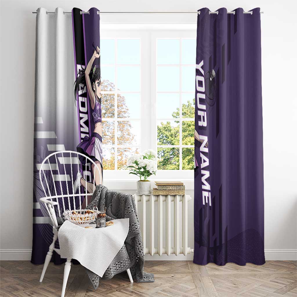 Personalized Shinazugawa Genya Demon Slayer Badminton Window Curtain with Racket Action Pose and Purple White Graphic Design - The Mazicc