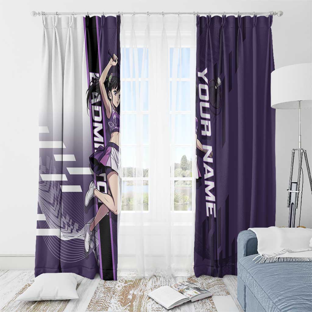 Personalized Shinazugawa Genya Demon Slayer Badminton Window Curtain with Racket Action Pose and Purple White Graphic Design - The Mazicc