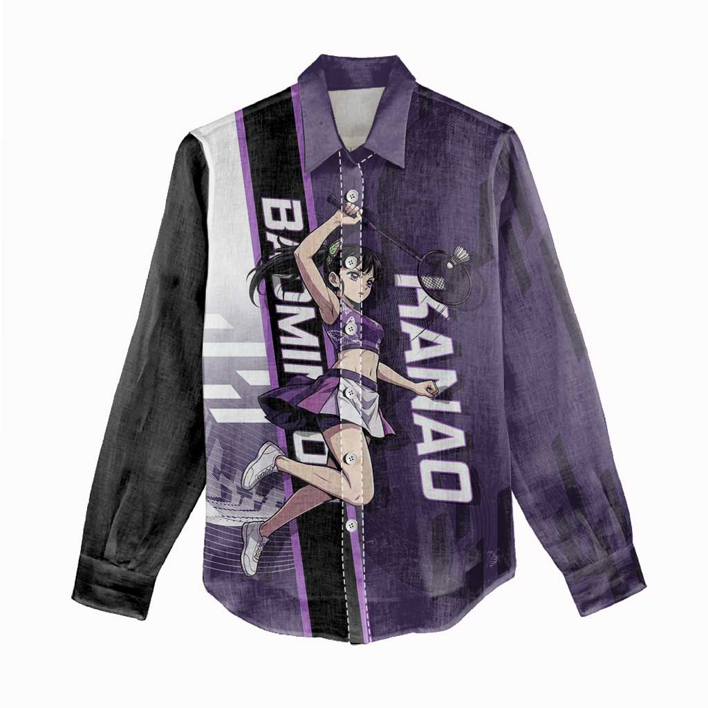 Personalized Shinazugawa Genya Demon Slayer Badminton Women Casual Shirt with Racket Action Pose and Purple White Graphic Design - The Mazicc