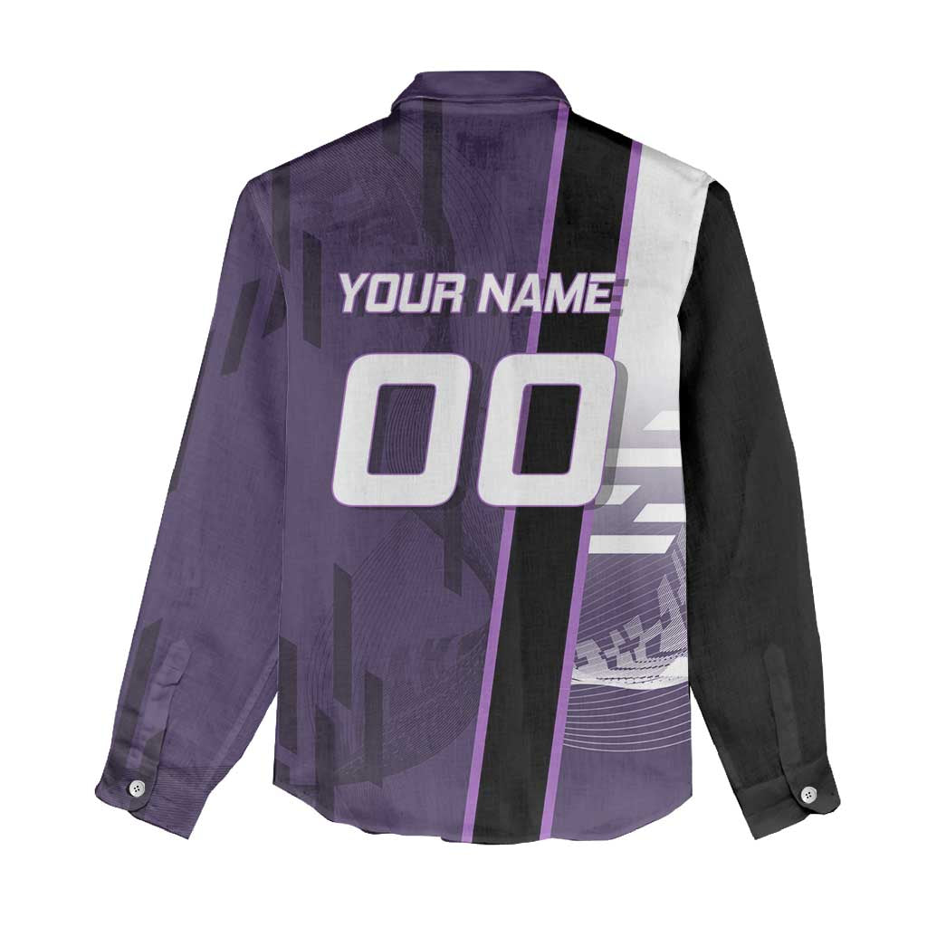 Personalized Shinazugawa Genya Demon Slayer Badminton Women Casual Shirt with Racket Action Pose and Purple White Graphic Design - The Mazicc