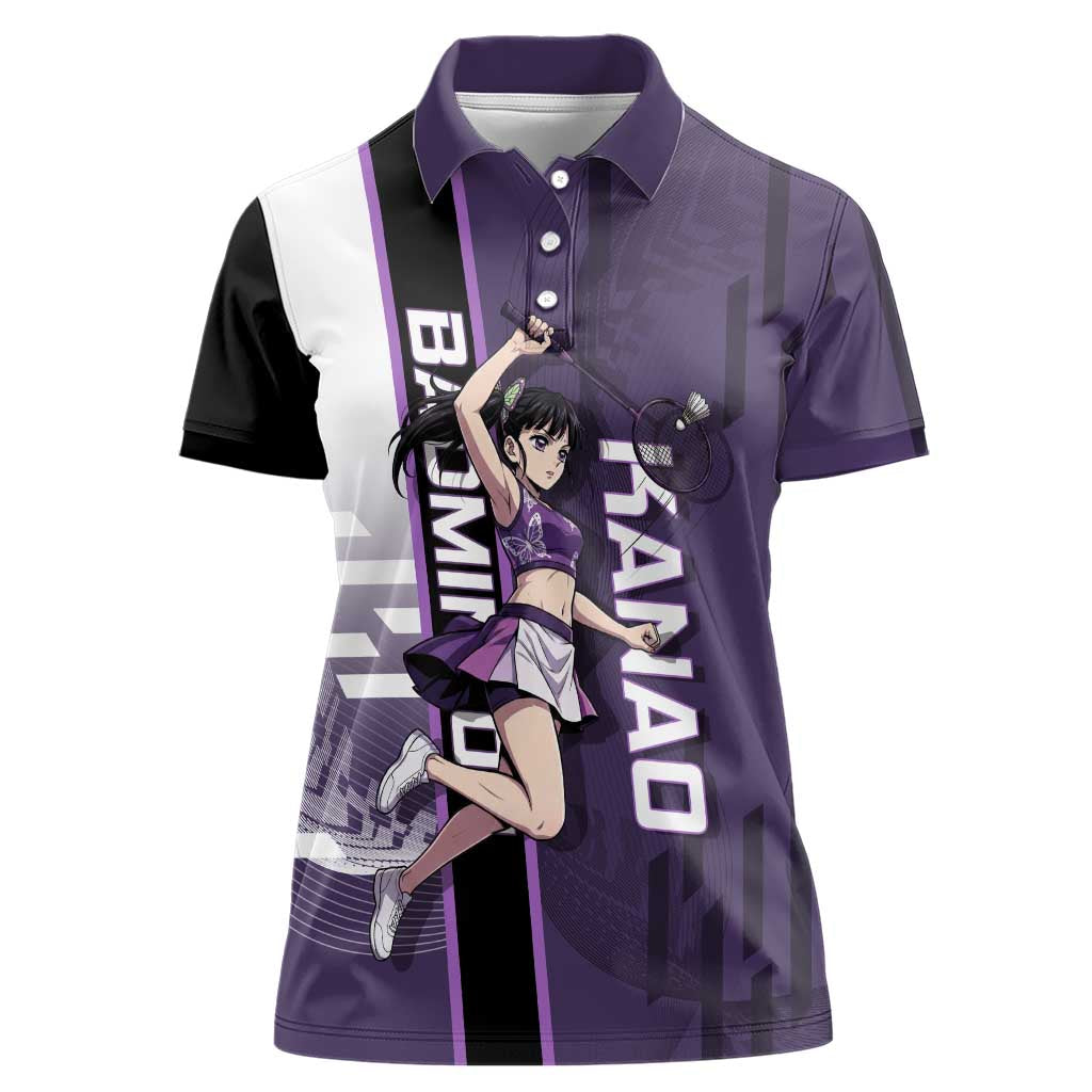 Personalized Shinazugawa Genya Demon Slayer Badminton Women Polo Shirt with Racket Action Pose and Purple White Graphic Design - The Mazicc