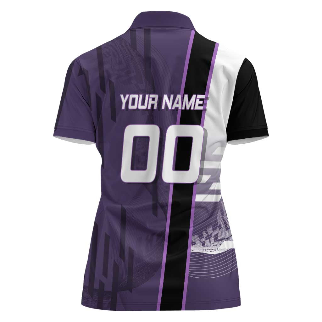 Personalized Shinazugawa Genya Demon Slayer Badminton Women Polo Shirt with Racket Action Pose and Purple White Graphic Design - The Mazicc
