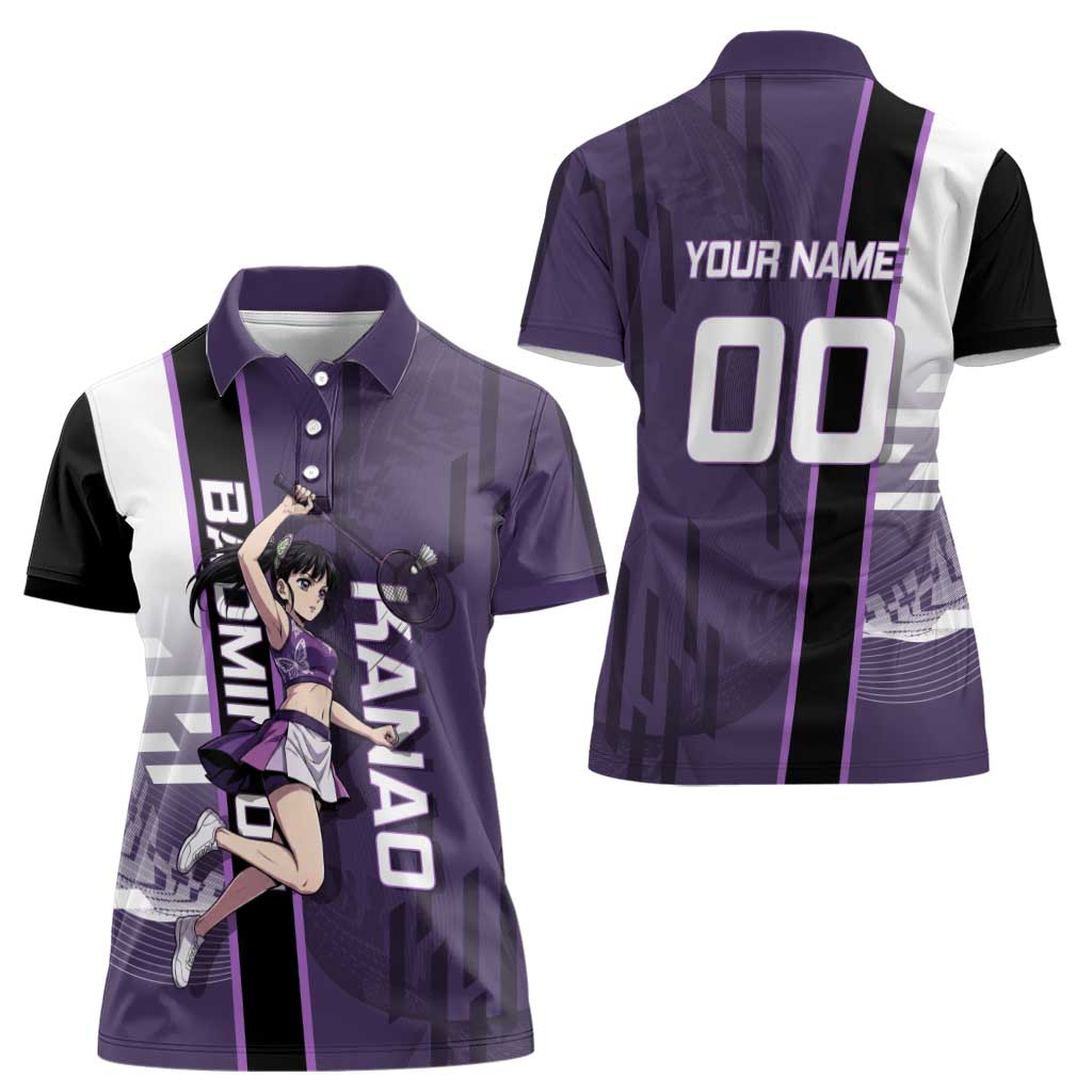 Personalized Shinazugawa Genya Demon Slayer Badminton Women Polo Shirt with Racket Action Pose and Purple White Graphic Design - The Mazicc