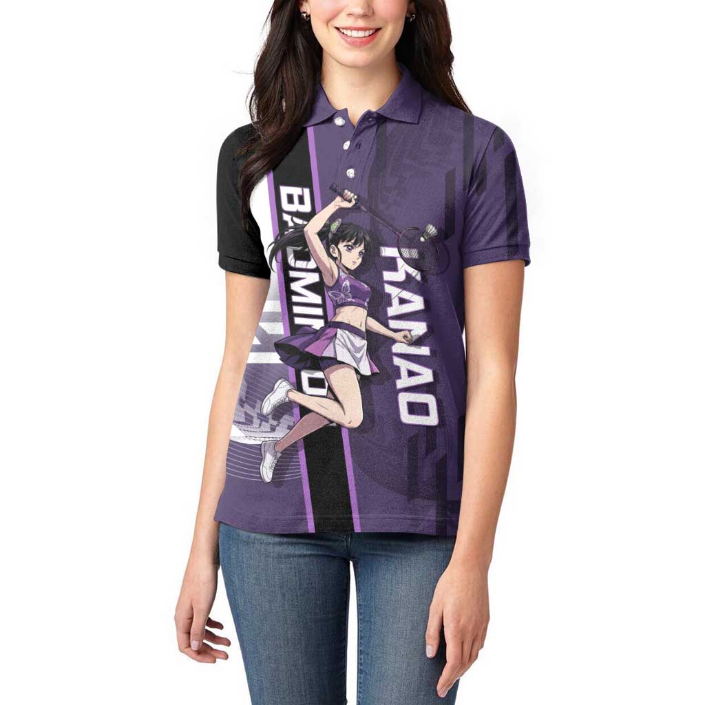 Personalized Shinazugawa Genya Demon Slayer Badminton Women Polo Shirt with Racket Action Pose and Purple White Graphic Design - The Mazicc