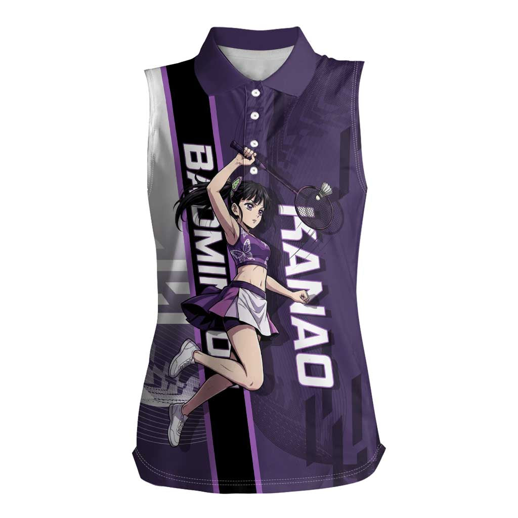 Personalized Shinazugawa Genya Demon Slayer Badminton Women Sleeveless Polo Shirt with Racket Action Pose and Purple White Graphic Design - The Mazicc