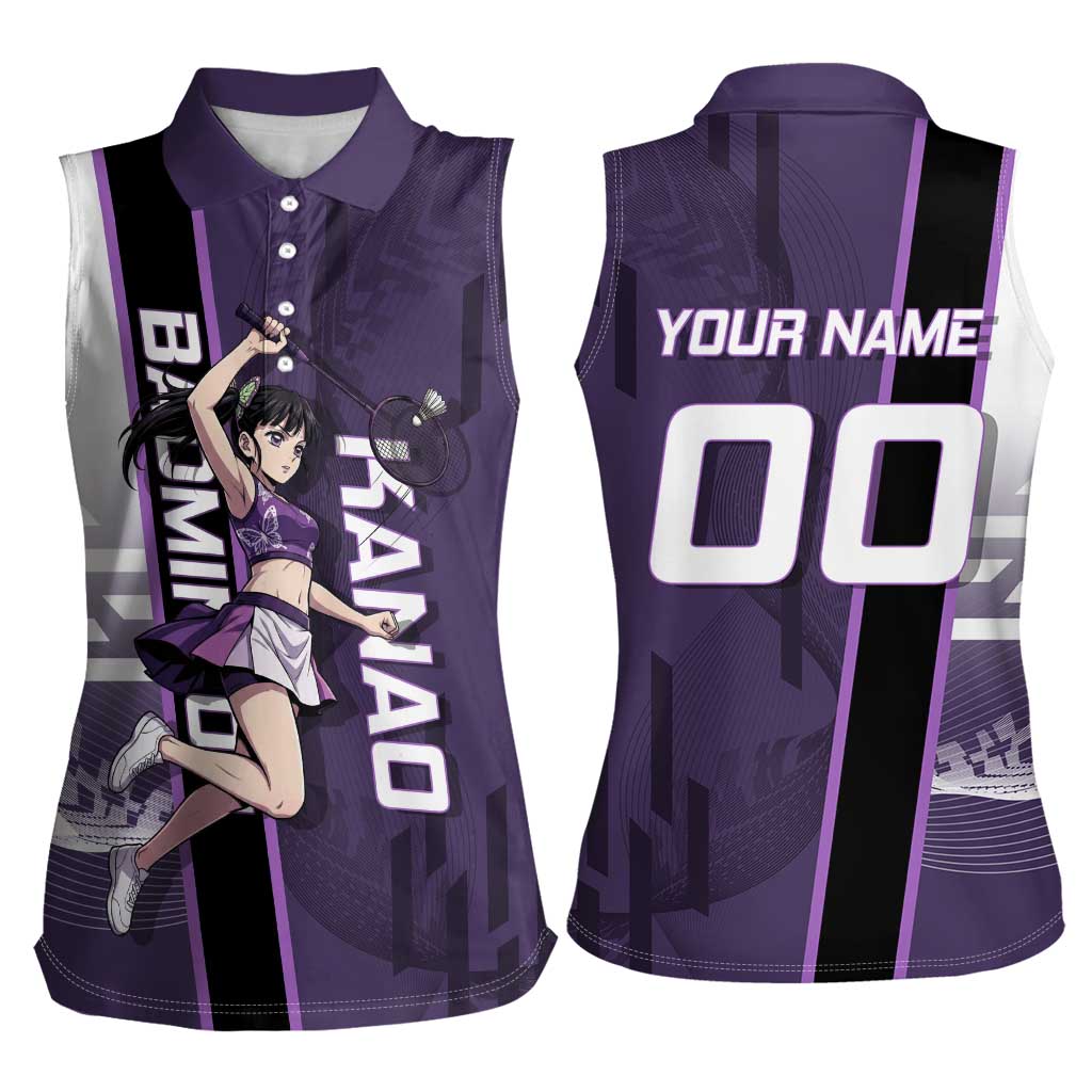 Personalized Shinazugawa Genya Demon Slayer Badminton Women Sleeveless Polo Shirt with Racket Action Pose and Purple White Graphic Design - The Mazicc