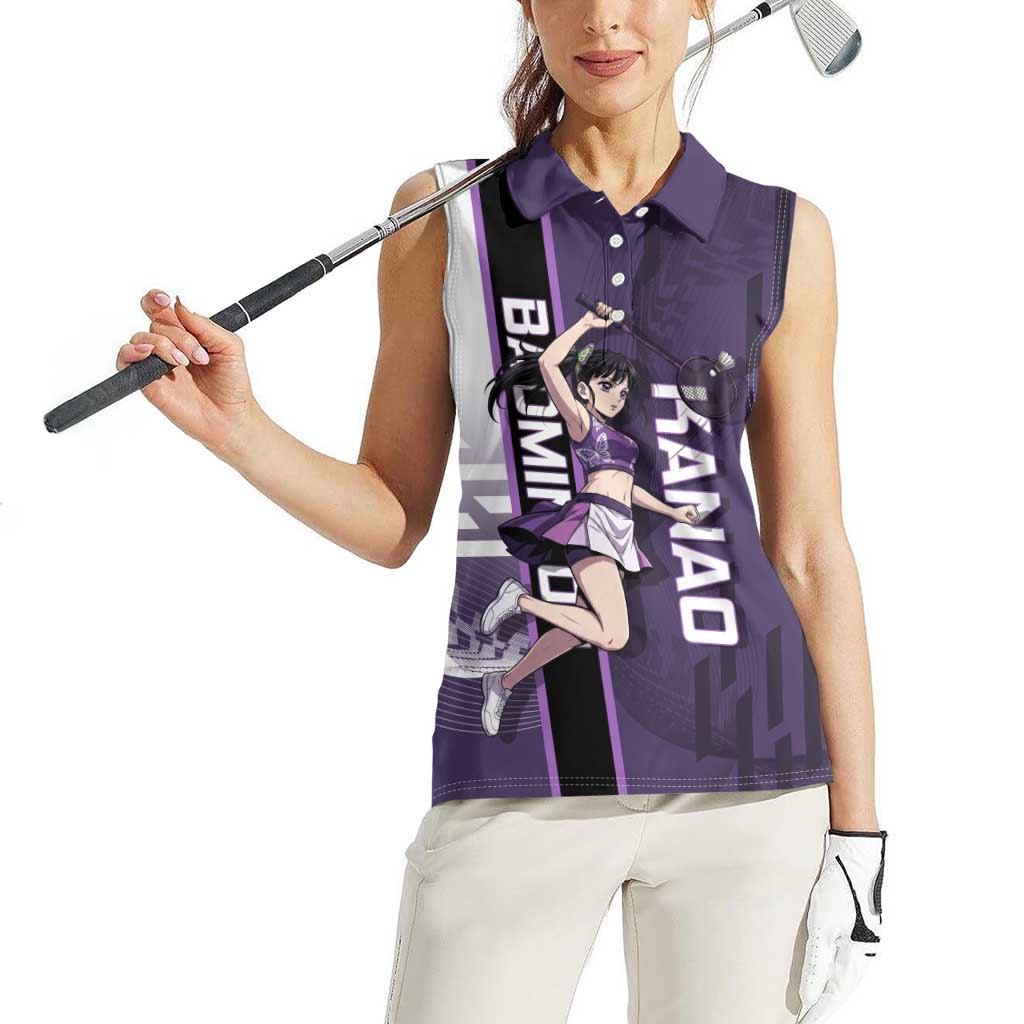 Personalized Shinazugawa Genya Demon Slayer Badminton Women Sleeveless Polo Shirt with Racket Action Pose and Purple White Graphic Design - The Mazicc