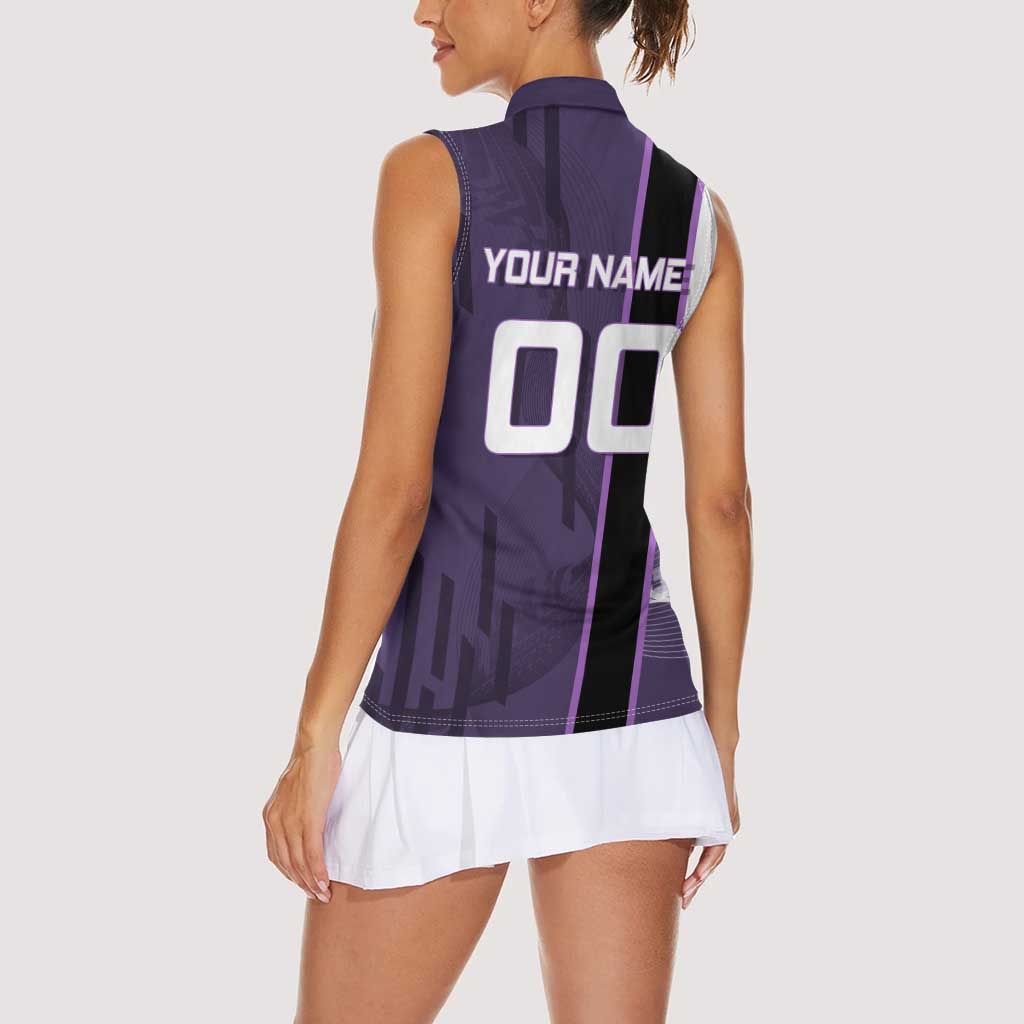 Personalized Shinazugawa Genya Demon Slayer Badminton Women Sleeveless Polo Shirt with Racket Action Pose and Purple White Graphic Design - The Mazicc