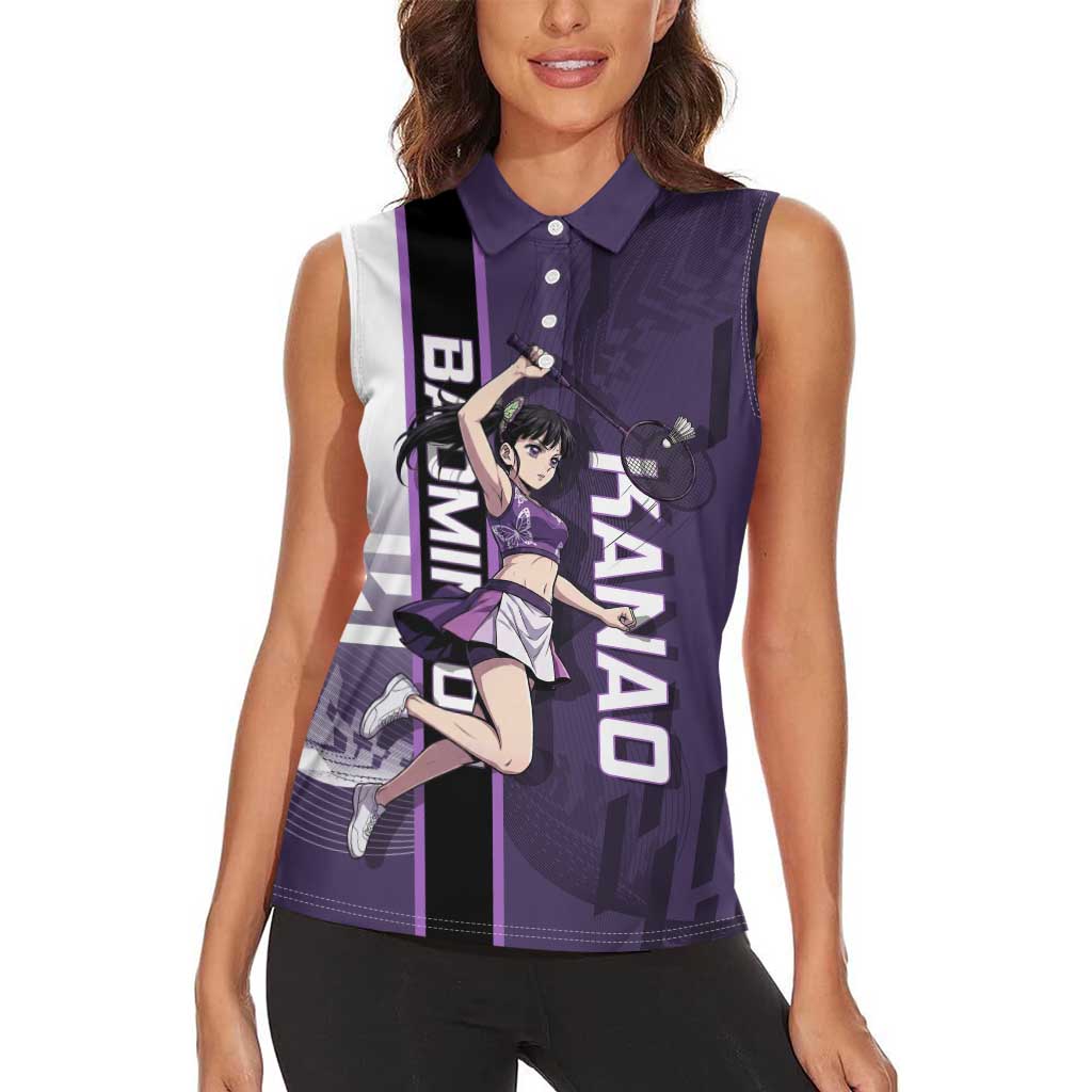 Personalized Shinazugawa Genya Demon Slayer Badminton Women Sleeveless Polo Shirt with Racket Action Pose and Purple White Graphic Design - The Mazicc