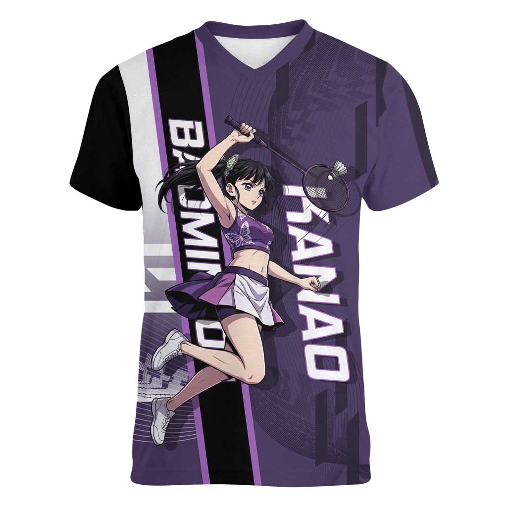 Personalized Shinazugawa Genya Demon Slayer Badminton Women V-Neck T-Shirt with Racket Action Pose and Purple White Graphic Design - The Mazicc