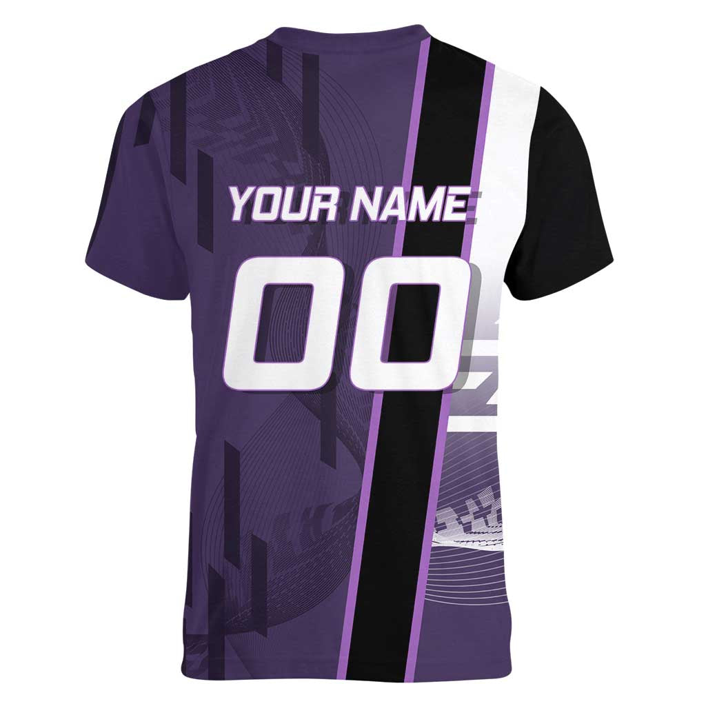 Personalized Shinazugawa Genya Demon Slayer Badminton Women V-Neck T-Shirt with Racket Action Pose and Purple White Graphic Design - The Mazicc
