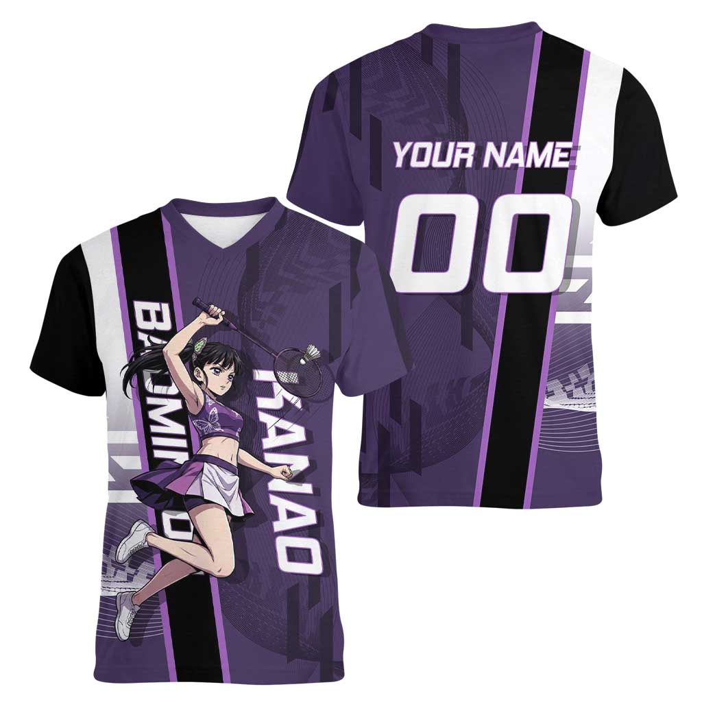Personalized Shinazugawa Genya Demon Slayer Badminton Women V-Neck T-Shirt with Racket Action Pose and Purple White Graphic Design - The Mazicc