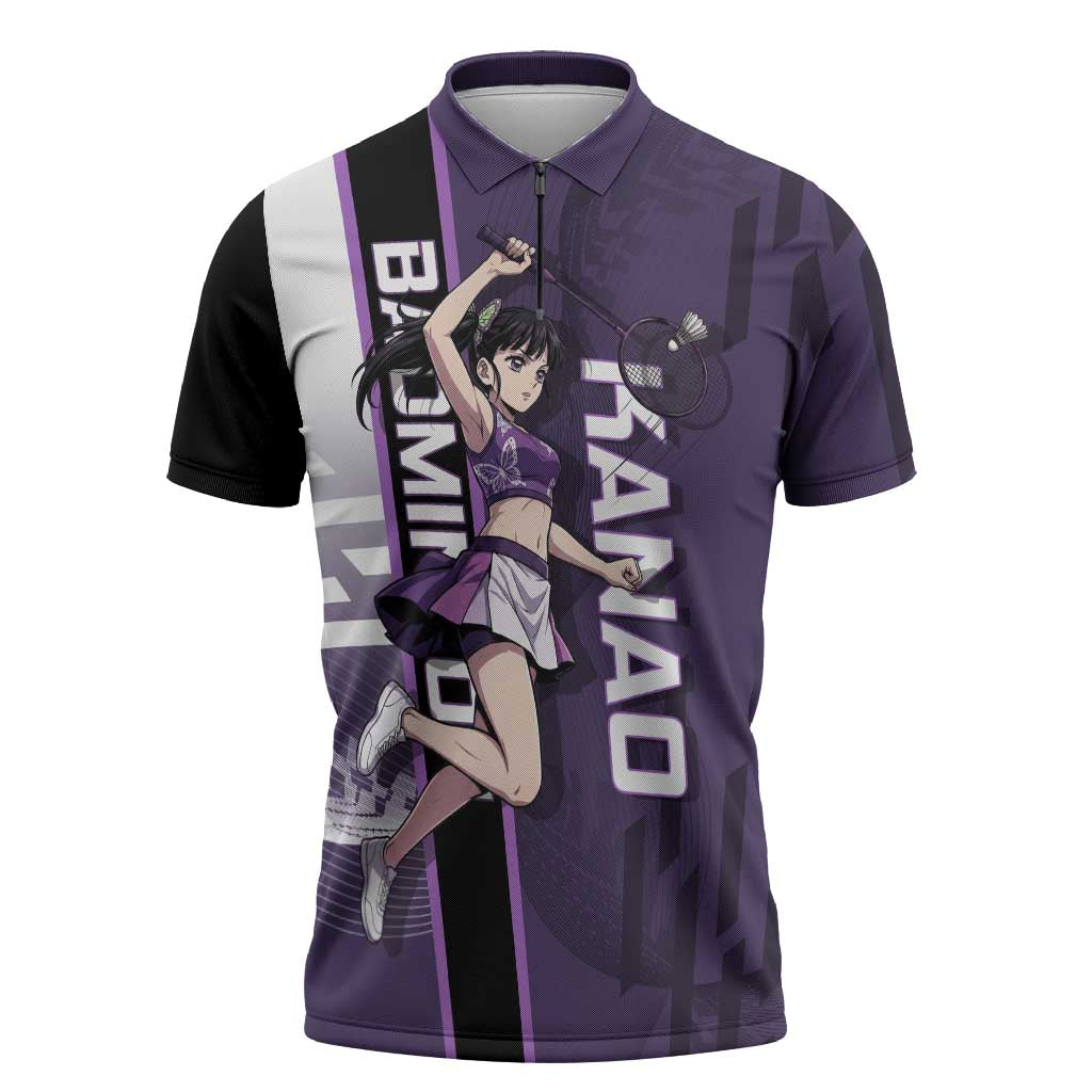 Personalized Shinazugawa Genya Demon Slayer Badminton Zipper Polo Shirt with Racket Action Pose and Purple White Graphic Design - The Mazicc