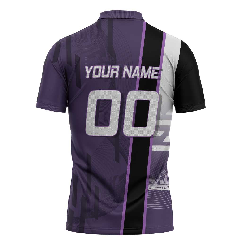 Personalized Shinazugawa Genya Demon Slayer Badminton Zipper Polo Shirt with Racket Action Pose and Purple White Graphic Design - The Mazicc