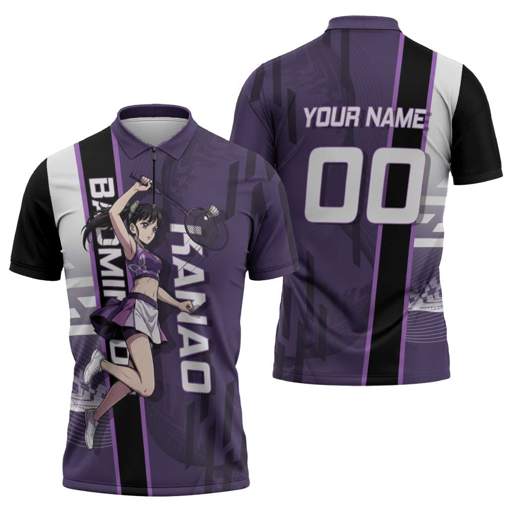 Personalized Shinazugawa Genya Demon Slayer Badminton Zipper Polo Shirt with Racket Action Pose and Purple White Graphic Design - The Mazicc