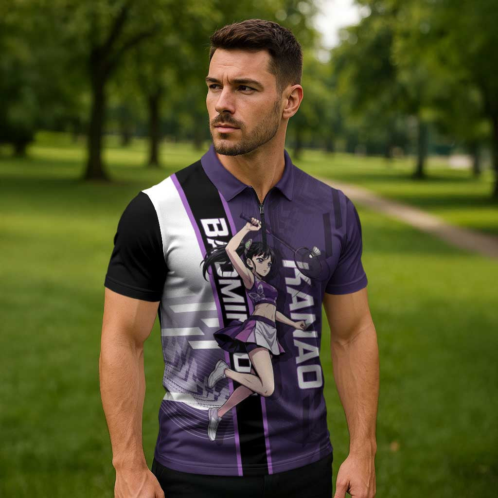 Personalized Shinazugawa Genya Demon Slayer Badminton Zipper Polo Shirt with Racket Action Pose and Purple White Graphic Design - The Mazicc