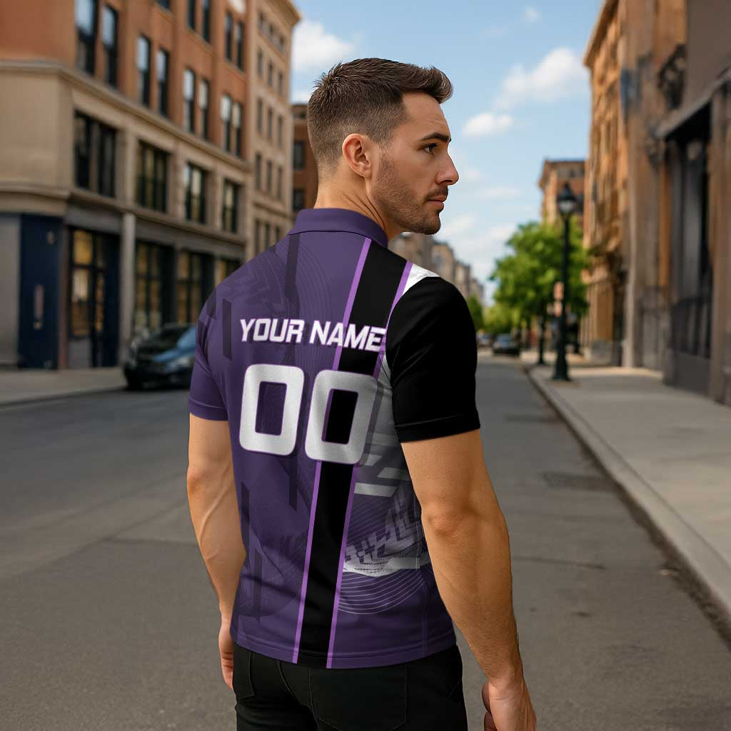 Personalized Shinazugawa Genya Demon Slayer Badminton Zipper Polo Shirt with Racket Action Pose and Purple White Graphic Design - The Mazicc