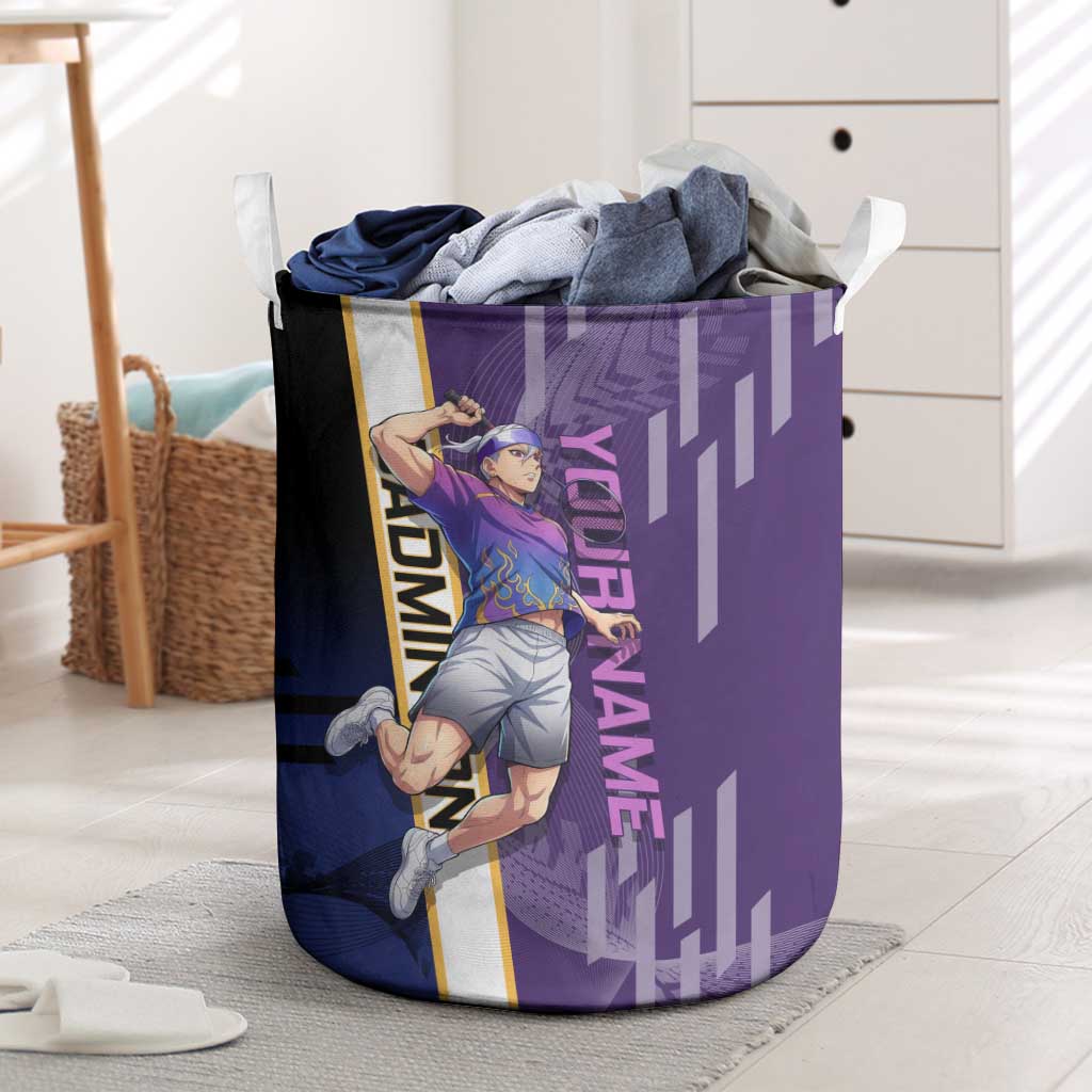 Personalized Tengen Uzui Demon Slayer Badminton Laundry Basket with Racket Action Pose and Purple Black Graphic Design - The Mazicc
