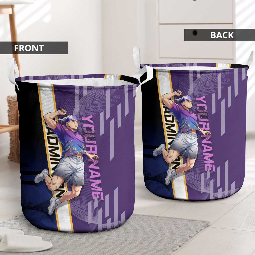 Personalized Tengen Uzui Demon Slayer Badminton Laundry Basket with Racket Action Pose and Purple Black Graphic Design - The Mazicc