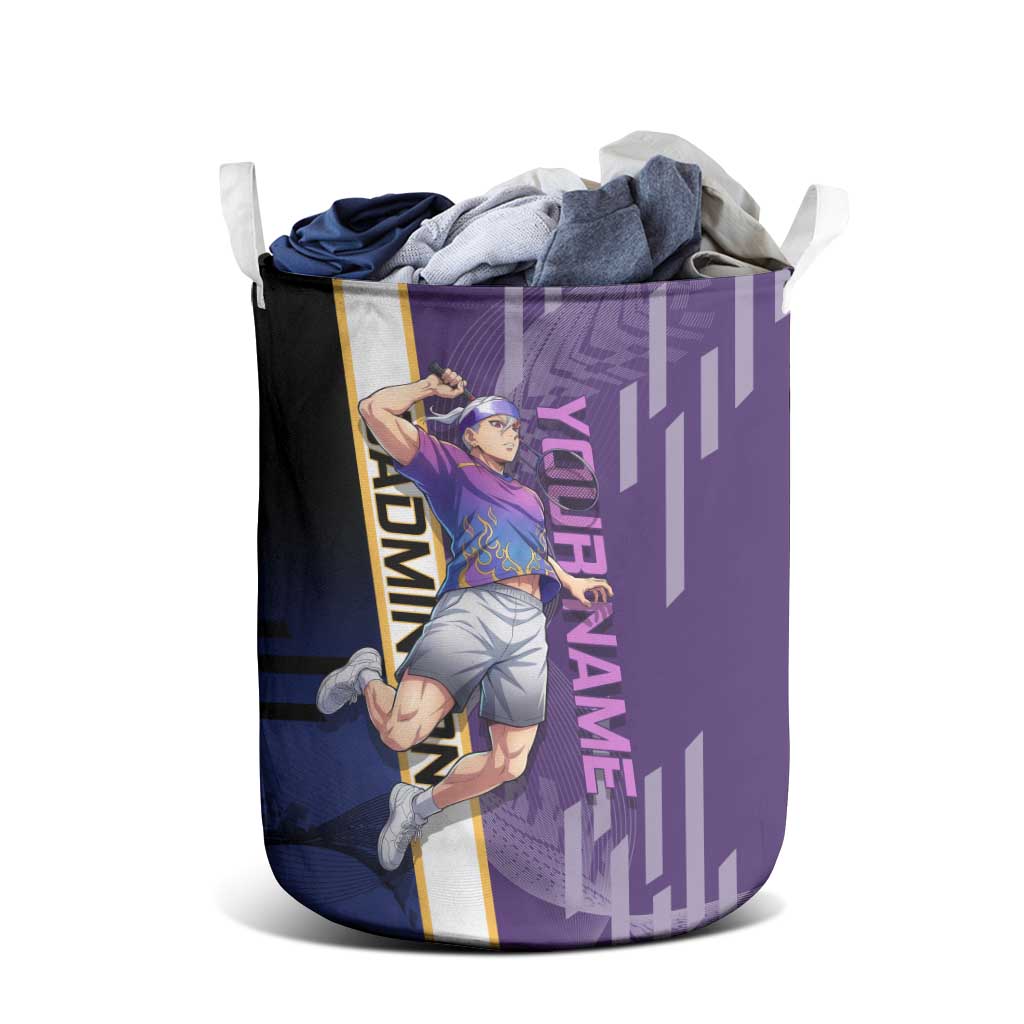 Personalized Tengen Uzui Demon Slayer Badminton Laundry Basket with Racket Action Pose and Purple Black Graphic Design - The Mazicc