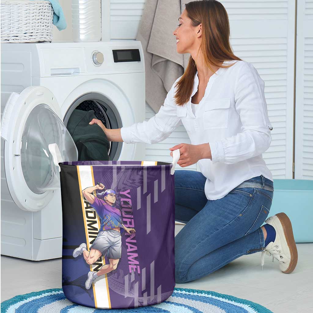 Personalized Tengen Uzui Demon Slayer Badminton Laundry Basket with Racket Action Pose and Purple Black Graphic Design - The Mazicc