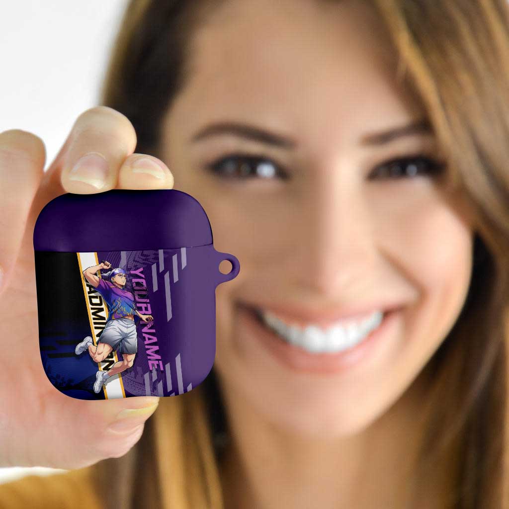 Personalized Tengen Uzui Demon Slayer Badminton AirPods Case with Racket Action Pose and Purple Black Graphic Design - The Mazicc