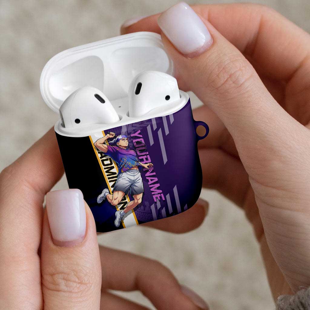 Personalized Tengen Uzui Demon Slayer Badminton AirPods Case with Racket Action Pose and Purple Black Graphic Design - The Mazicc