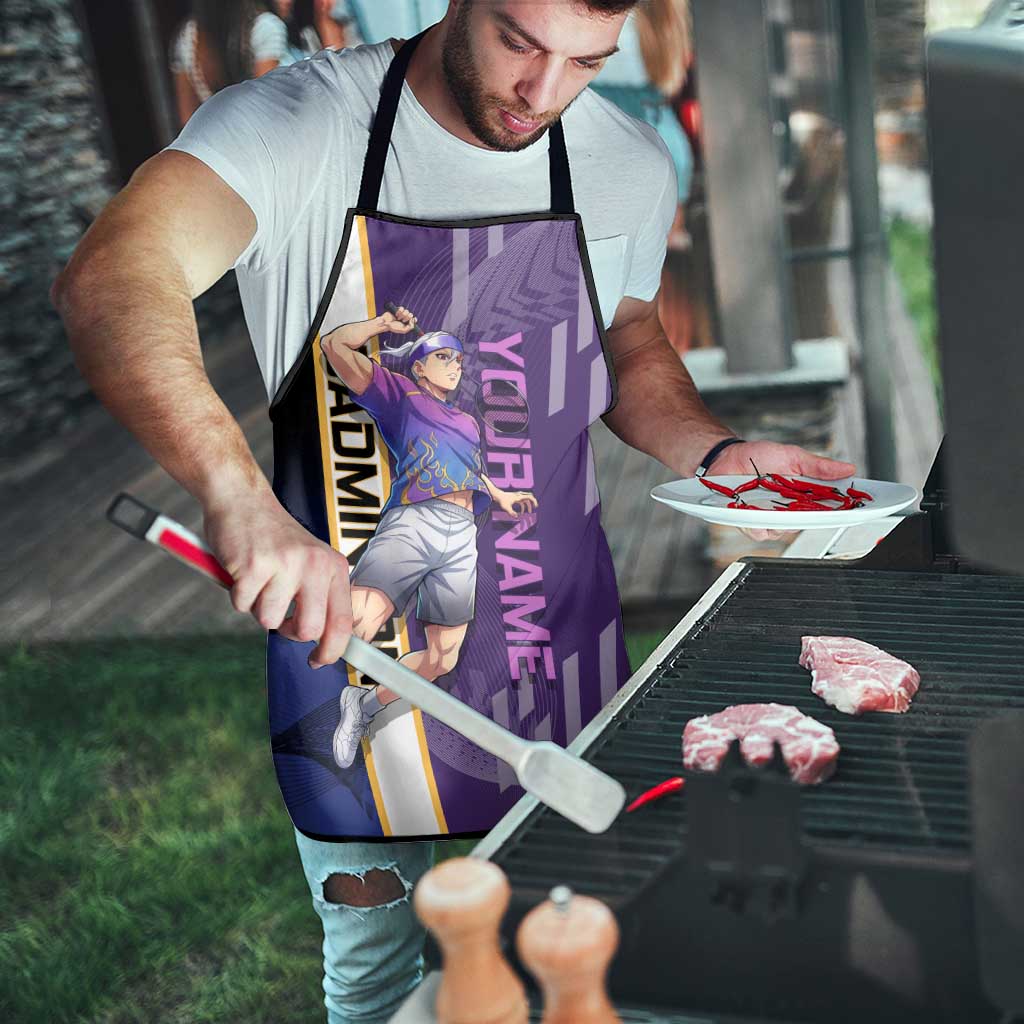 Personalized Tengen Uzui Demon Slayer Badminton Apron with Racket Action Pose and Purple Black Graphic Design - The Mazicc