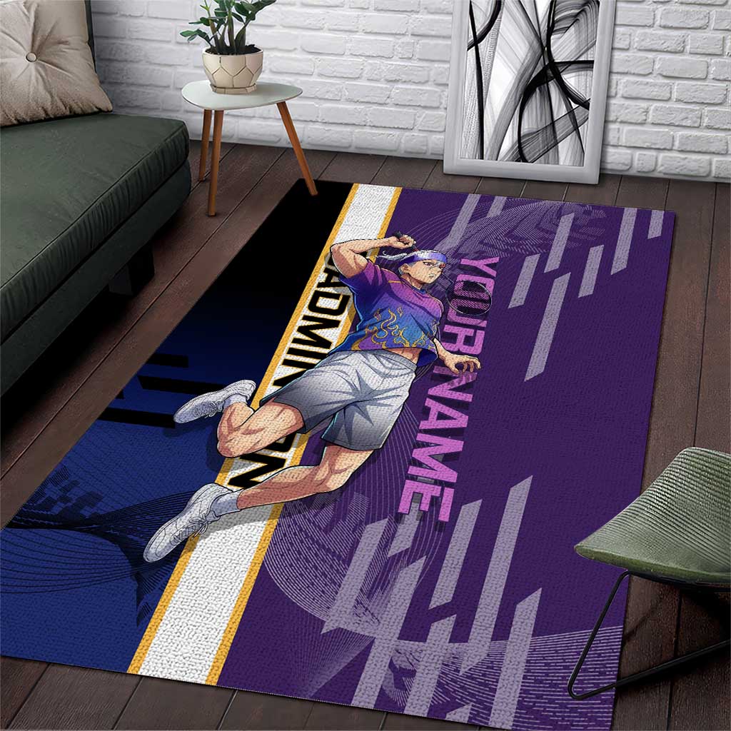 Personalized Tengen Uzui Demon Slayer Badminton Area Rug with Racket Action Pose and Purple Black Graphic Design - The Mazicc