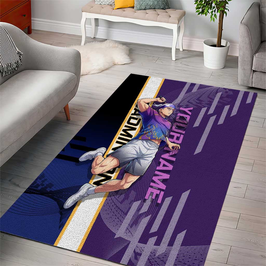 Personalized Tengen Uzui Demon Slayer Badminton Area Rug with Racket Action Pose and Purple Black Graphic Design - The Mazicc