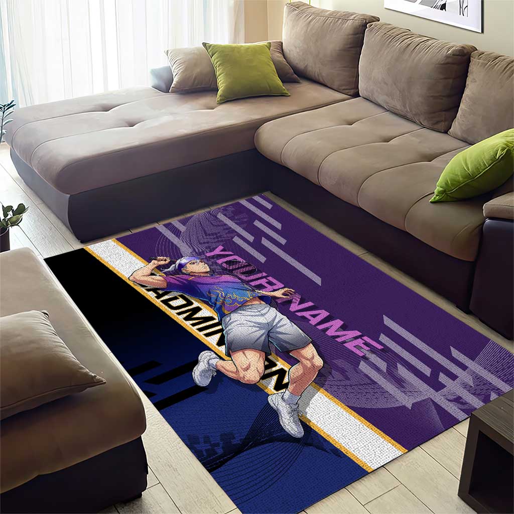 Personalized Tengen Uzui Demon Slayer Badminton Area Rug with Racket Action Pose and Purple Black Graphic Design - The Mazicc