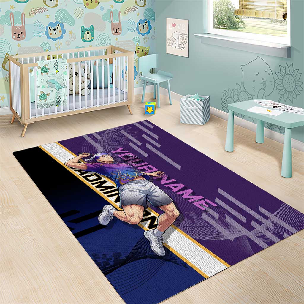 Personalized Tengen Uzui Demon Slayer Badminton Area Rug with Racket Action Pose and Purple Black Graphic Design - The Mazicc
