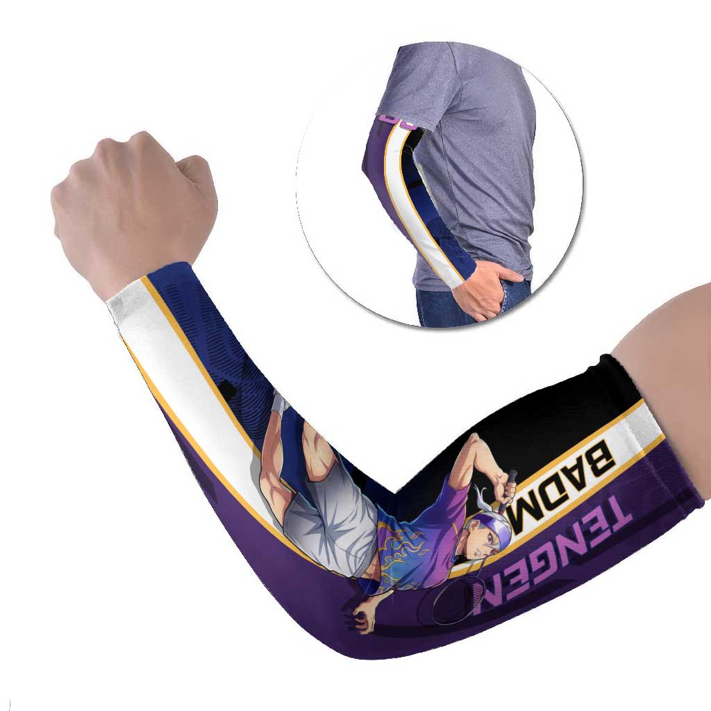 Personalized Tengen Uzui Demon Slayer Badminton Arm Sleeves with Racket Action Pose and Purple Black Graphic Design - The Mazicc