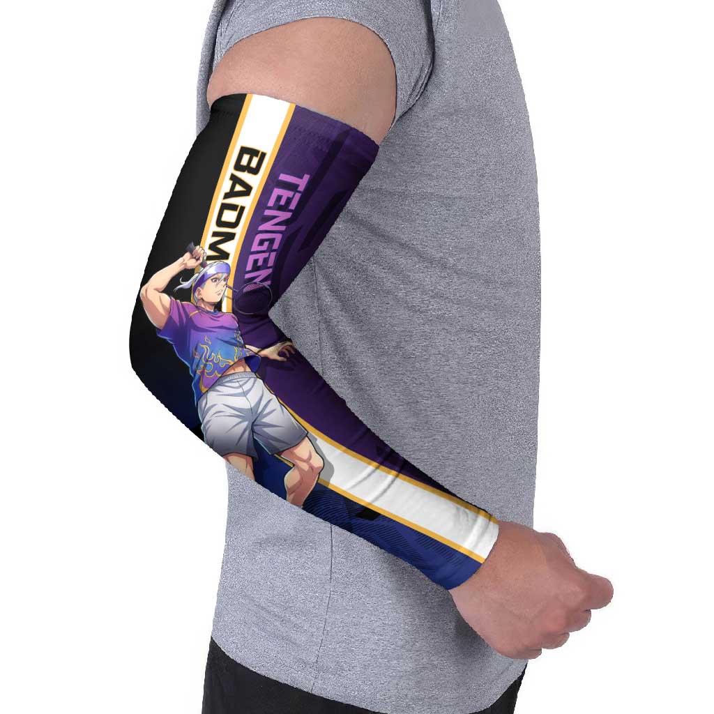 Personalized Tengen Uzui Demon Slayer Badminton Arm Sleeves with Racket Action Pose and Purple Black Graphic Design - The Mazicc